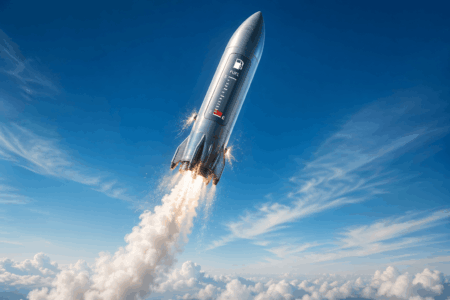 Bitcoin Terancam ke $70K, STRC Melemah A silver rocket blasting off through a clear blue sky with a smoke trail over white clouds below.