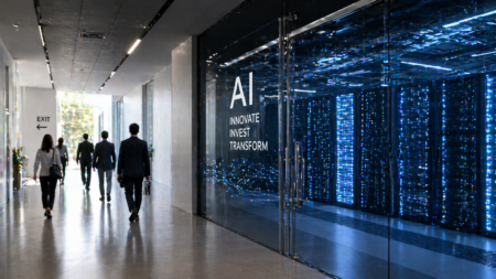 Big Tech Pangkas Karyawan di Tengah Lonjakan Investasi AI Office hallway with people walking toward a bright exit sign and a glass wall displaying 'AI: Innovate, Invest, Transform' and a server room beyond