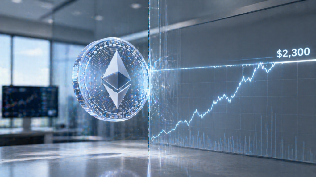 Ethereum Tahan Level $2.300, Reli Kripto Tertahan Ethereum symbol with a rising crypto price chart showing $2,300 on a dark background.