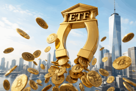BTC Dekati $80K, ETF Terus Mengalir Golden ETF arch with Bitcoin coins pouring out, symbolizing a Bitcoin ETF against a city skyline