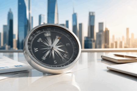 Futures AS Naik Usai Gencatan Senjata 3 Minggu Metallic compass on a white desk with a blurred city skyline in the background.