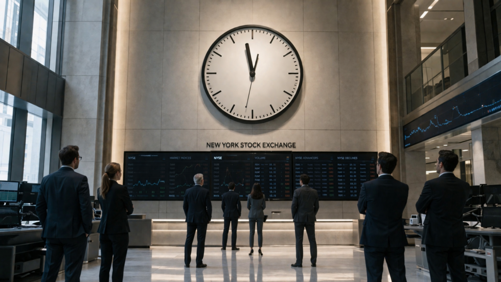 Wall Street Menanti Sinyal dari Earnings Big Tech dan The Fed New York Stock Exchange trading floor with a large wall clock and traders reading digital stock boards.