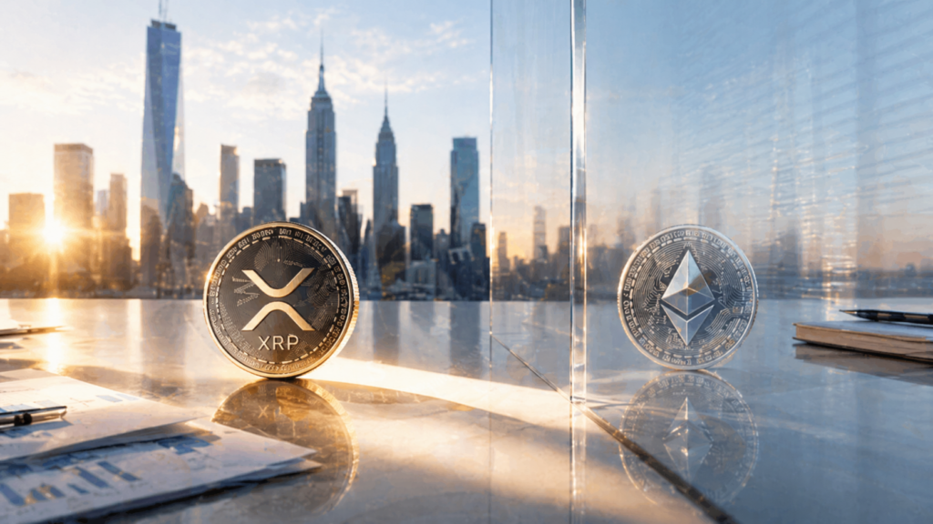 XRP Tunjukkan Sinyal Pulih, Ethereum Tertahan di Resistance Coined XR P and Ethereum coins sit on a reflective glass desk with a city skyline in the background, highlighting cryptocurrency trading.