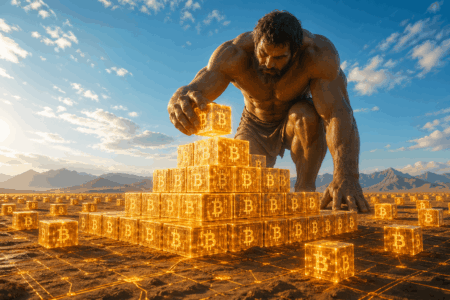 Strategy Michael Saylor borong 3.2K BTC Muscular man arranges glowing Bitcoin blocks into a pyramid on a sunlit desert ground.