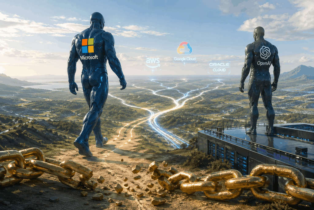Microsoft & OpenAI Ubah Kemitraan Baru Two giant metallic figures, one with the Microsoft logo and the other OpenAI, overlook glowing cloud-network paths with AWS, Google Cloud, and Oracle Cloud logos in the sky above a valley surface.