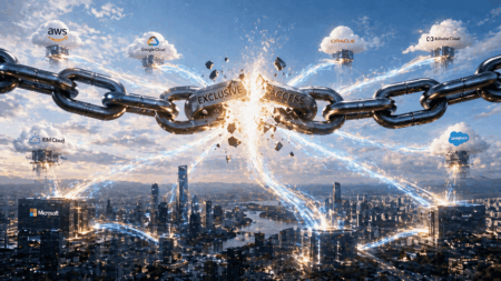 Microsoft dan OpenAI Lepas Skema Eksklusif AI Chain breaking to unlock exclusive access to major cloud providers over a city skyline (AWS, Google Cloud, IBM Cloud, Oracle, Alibaba Cloud, Salesforce, Microsoft).