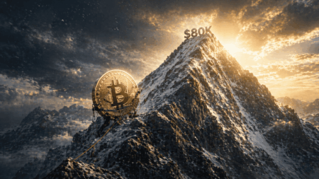 Bitcoin Sentuh Puncak 12 Minggu Dekati $80K Bitcoin coin rests on a snow-covered mountain peak as sunrise lights a $80K milestone