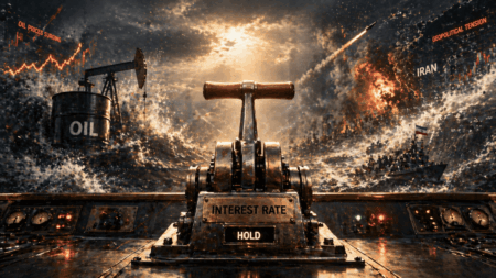 The Fed Tahan Suku Bunga Menunggu Dampak Konflik Iran Metaphorical scene of interest rates causing economic turmoil, with an oil pump, warship, and explosions in a chaotic sea of oil.