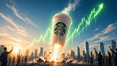 Saham Starbucks Melonjak Usai Kinerja dan Proyeksi Naik Starbucks cup rocket launching above a cheering crowd with a rising green stock chart in the sky.