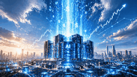Belanja AI Big Tech Melejit, Hyperscaler Tembus $725 Miliar Futuristic AI data center glowing blue, with energy streams, dollar signs, and a rising financial chart over a cityscape.