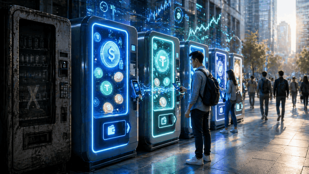 Stablecoin Tembus $4,5 Triliun, Sinyal Disrupsi Sistem Pembayaran Row of neon-lit vending machines in a city plaza displaying cryptocurrency icons; people interact with screens and smartphones nearby.