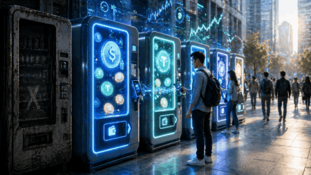 Stablecoin Tembus $4,5 Triliun, Sinyal Disrupsi Sistem Pembayaran Row of neon-lit vending machines in a city plaza displaying cryptocurrency icons; people interact with screens and smartphones nearby.