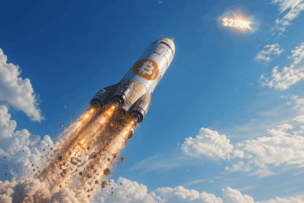 BTC $250K Tahun Ini? Waktunya Jual? Rocket with Bitcoin logo blasting off into a blue sky, emitting fiery exhaust and debris; a glowing $250K appears in the clouds above.