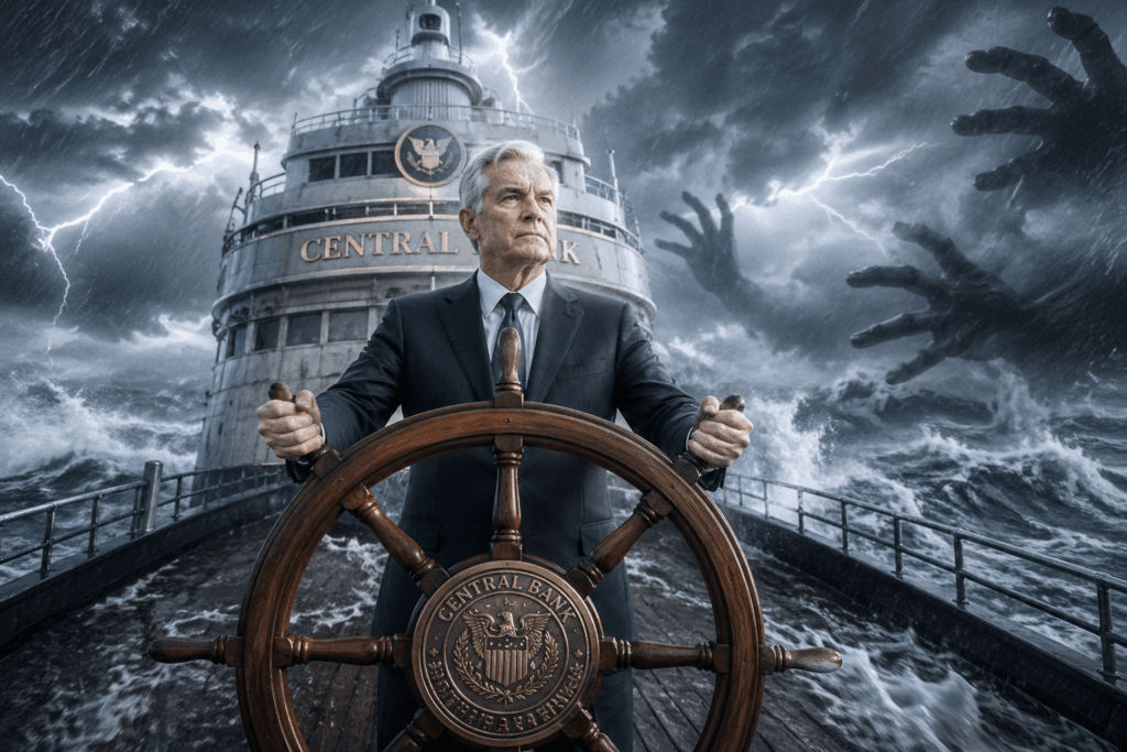 Powell Bertahan di The Fed Usai Tekanan Hukum Older man in a suit at the ship's wheel, steering through a fierce storm with lightning in the background and looming shadows behind him.