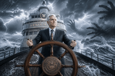 Powell Bertahan di The Fed Usai Tekanan Hukum Older man in a suit at the ship's wheel, steering through a fierce storm with lightning in the background and looming shadows behind him.