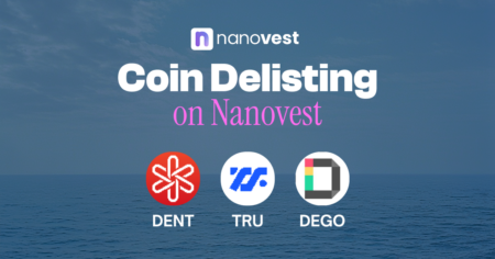 Pengumuman Penghapusan (Delisting) Koin DENT, TRU, dan DEGO Coin Delisting on Nanovest banner with Nanovest logo, ocean backdrop, and DENT, TRU, and DEGO logos below.