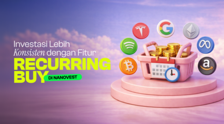 Investasi Lebih Konsisten dengan Fitur Recurring Buy (RCB) di Nanovest Promotional banner for Nanovest: 'Recurring Buy' feature with crypto icons around a pink basket near a pastel background.