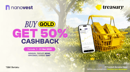 Invest in Gold, Enjoy Extra Rewards! Promo banner: Nanovest and Treasury logos, bold 'GET 50% CASHBACK' with a smartphone showing a gold investment app and a cart of gold bars in the background.