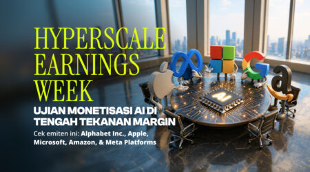 Hyperscale Earnings Week: Ujian Monetisasi AI di Tengah Tekanan Margin Promotional banner: bold yellow 'HYPERSCALE EARNINGS WEEK' text with an AI chip on a round table and colorful Google‑style letters in a city-view office.