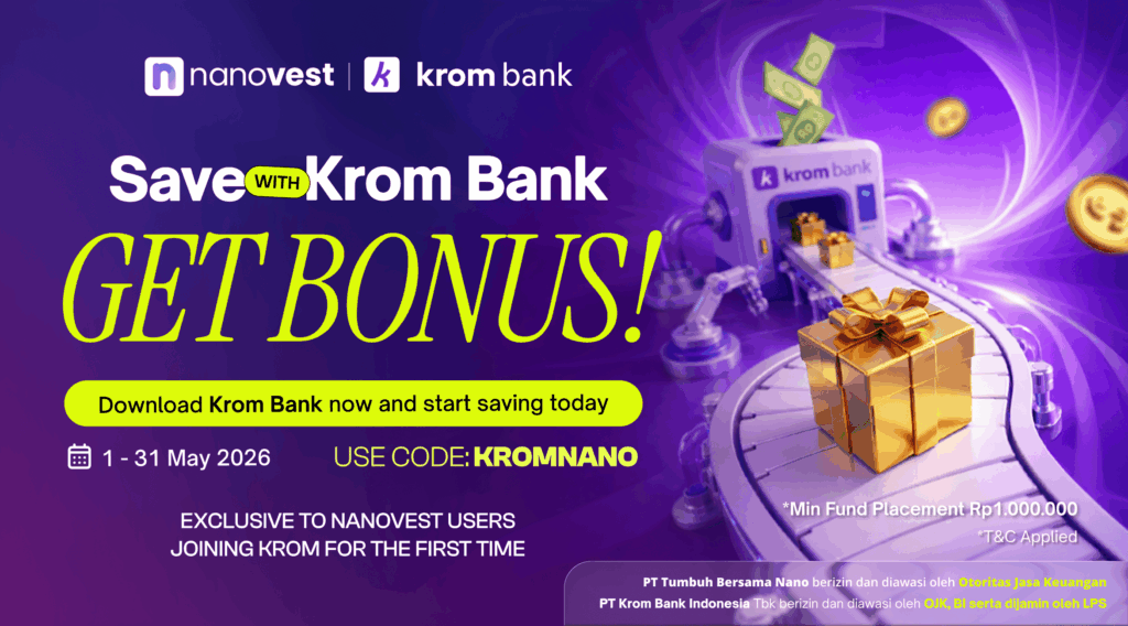 Nanovest x Krom Bank Purple promotional banner for Krom Bank offering a bonus, with 'GET BONUS!' and a gift box on a conveyor-path scene