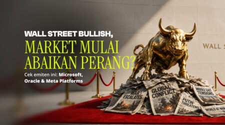 Wall Street Bullish, Market Mulai Abaikan Perang? Golden bull statue atop a pile of newspaper front pages with bold yellow headline about a bullish Wall Street market, on a red carpet setting.