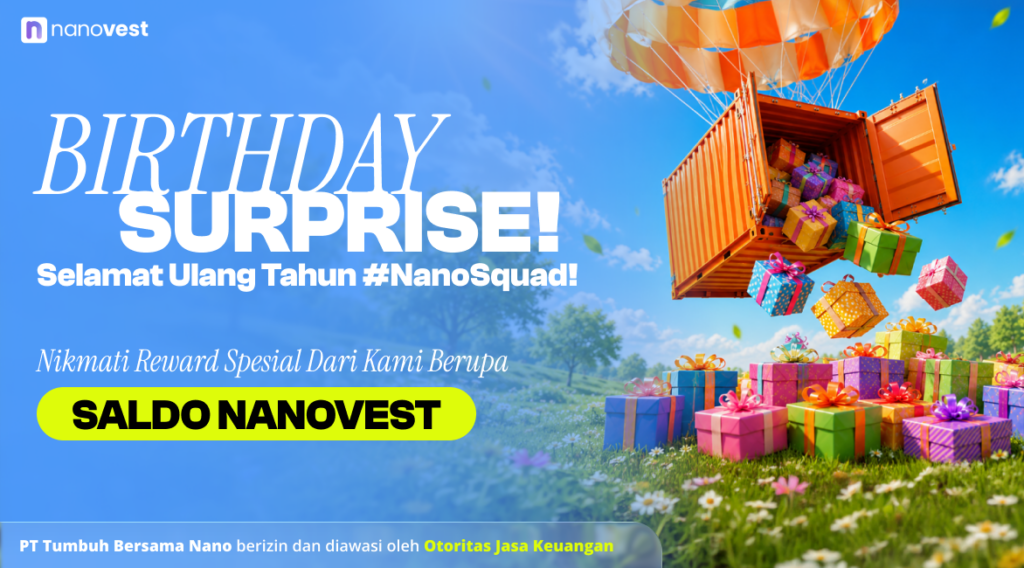 BIRTHDAY SURPRISE MAY 2026 Blue birthday banner with a parachute dropping a gift-filled orange container and large 'Birthday Surprise!' text, promoting NanoVest.