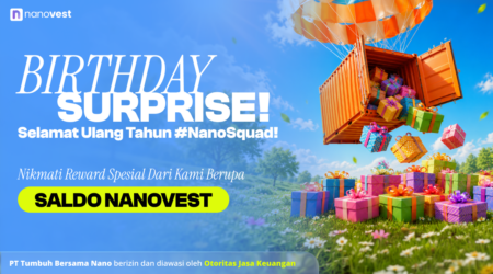 BIRTHDAY SURPRISE MAY 2026 Blue birthday banner with a parachute dropping a gift-filled orange container and large 'Birthday Surprise!' text, promoting NanoVest.
