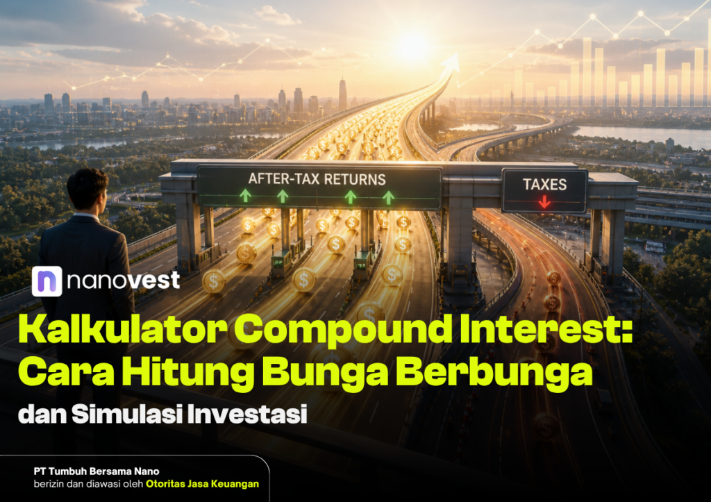 Kalkulator Compound Interest: Cara Hitung Bunga Berbunga & Simulasi Investasi Hero image for an investment article: a businessman gazes at a futuristic highway with glowing arrows, coins, and signs reading 'After-Tax Returns' and 'Taxes' over a city skyline; nanovest branding and bold Indonesian title about compound interest and investment simulation.