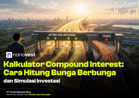 Kalkulator Compound Interest: Cara Hitung Bunga Berbunga & Simulasi Investasi Hero image for an investment article: a businessman gazes at a futuristic highway with glowing arrows, coins, and signs reading 'After-Tax Returns' and 'Taxes' over a city skyline; nanovest branding and bold Indonesian title about compound interest and investment simulation.