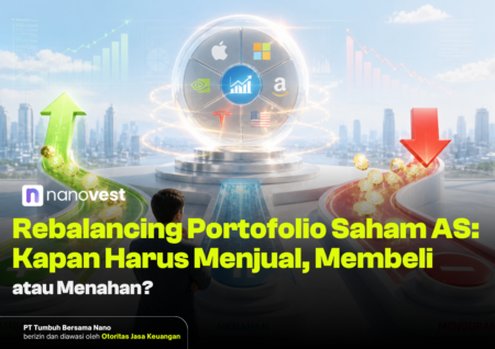 Rebalancing Portofolio Saham AS: Kapan Harus Menambah, Mengurangi, atau Menahan? Hero image for a finance article about rebalancing a US stock portfolio, featuring the Nanovest logo and a bold yellow headline.