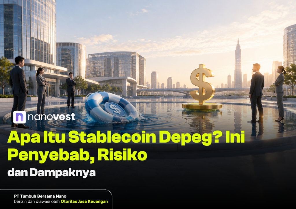 Apa Itu Stablecoin Depeg? Penyebab, Risiko, dan Dampaknya di Pasar Kripto Businesspeople in suits stand around a reflective pool with a giant gold dollar symbol and a blue lifebuoy; city skyline in background.