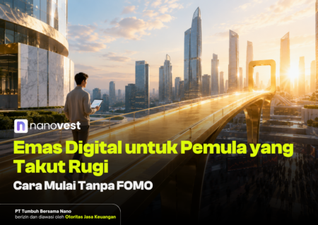 Emas Digital untuk Pemula yang Takut Rugi: Cara Mulai Tanpa FOMO Businessperson holding a tablet on a futuristic bridge with a illuminated city skyline at sunset; Nanovest banner promoting digital gold for beginners.
