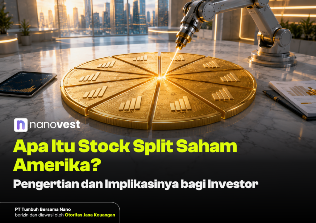 Apa Itu Stock Split Saham Amerika? Pengertian dan Implikasinya bagi Investor Robotic arm highlights a shiny gold coin wheel representing stock split, with Nanovest branding and Indonesian headline about stock splits.