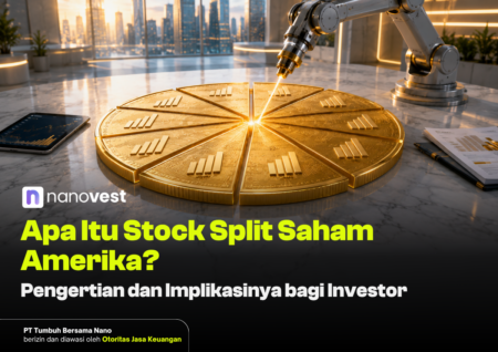 Apa Itu Stock Split Saham Amerika? Pengertian dan Implikasinya bagi Investor Robotic arm highlights a shiny gold coin wheel representing stock split, with Nanovest branding and Indonesian headline about stock splits.