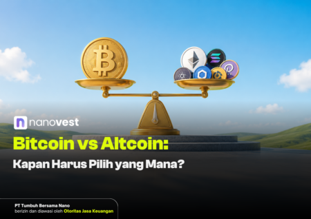 Altcoin vs Bitcoin: Kapan Harus Pilih yang Mana? Scale balancing Bitcoin against a cluster of altcoins, with the 'Bitcoin vs Altcoin' title overlaid and Nanovest branding visible.