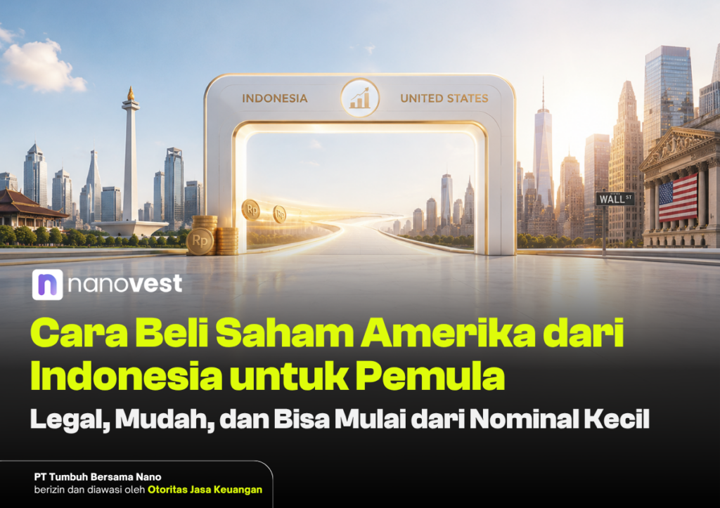 6 Cara Beli Saham Amerika dari Indonesia untuk Pemula: Legal dan Mudah Hero image for article: futuristic city gateway with Indonesia-USA labels and bold yellow headline about buying US stocks from Indonesia for beginners