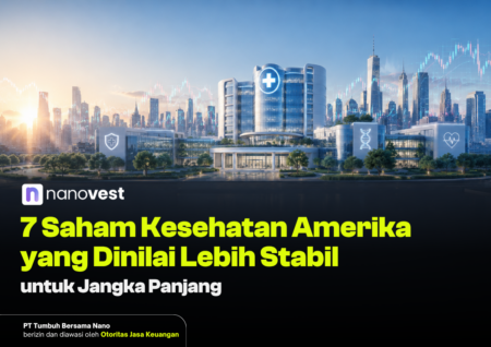 Hero image of a modern hospital campus against a city skyline, with the Nanovest logo and a bold Indonesian headline about 7 American health stocks for the long term.