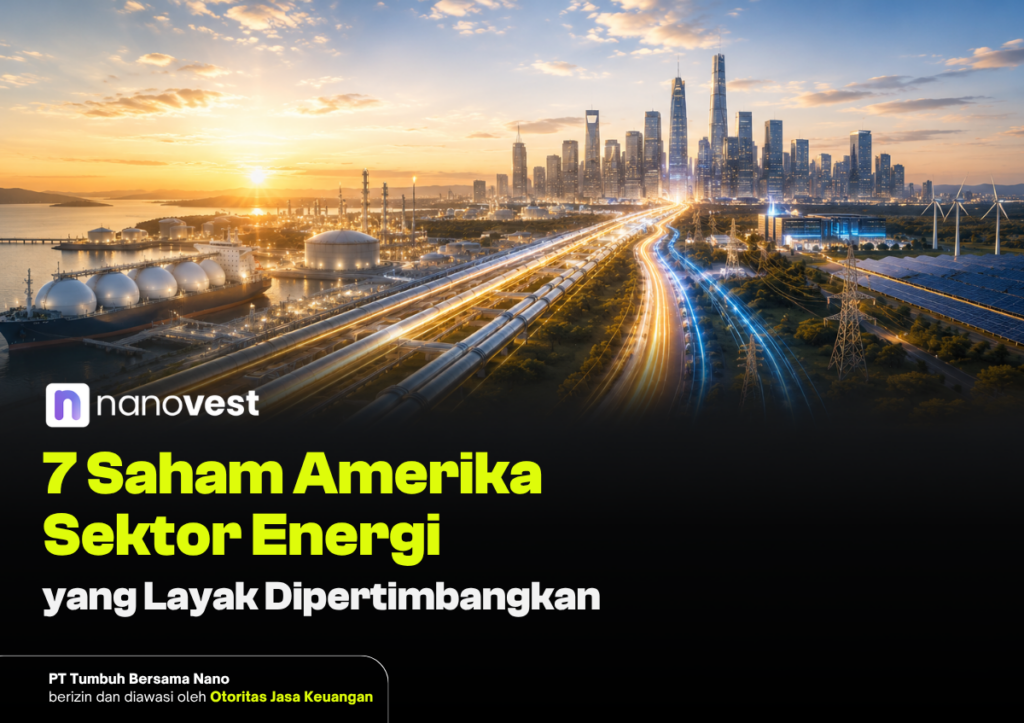 7 Saham Amerika Sektor Energi yang Layak Dipertimbangkan Banner promosi: kota industri futuristik dengan jalur pipa berlampu, teks investasi energi Amerika dari Nanovest di bagian bawah.
