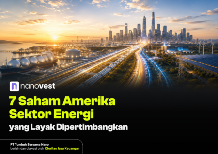 7 Saham Amerika Sektor Energi yang Layak Dipertimbangkan Banner promosi: kota industri futuristik dengan jalur pipa berlampu, teks investasi energi Amerika dari Nanovest di bagian bawah.