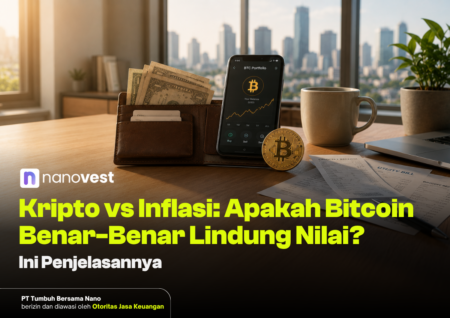 Kripto vs Inflasi: Apakah Bitcoin Benar-benar Lindung Nilai? Wallet with cash, a Bitcoin coin and a smartphone displaying a BTC portfolio on a desk with a city skyline in the background (Nanovest article thumbnail).