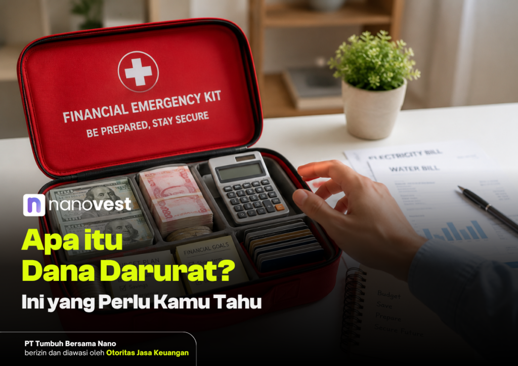 Dana Darurat: Cara Menghitung, Menentukan & Menyimpannya Red emergency kit opened showing cash, calculator, and index cards on a desk; header reads 'FINANCIAL EMERGENCY KIT' (informative image).