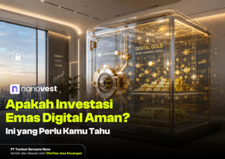 Luxurious glass vault filled with gold bars and glowing digital lights, with bold Indonesian headline about digital gold investment overlaid on the image.