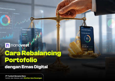 Gold balance scale with coin stacks and a smartphone showing a gold investments app, set against financial charts and dashboards.