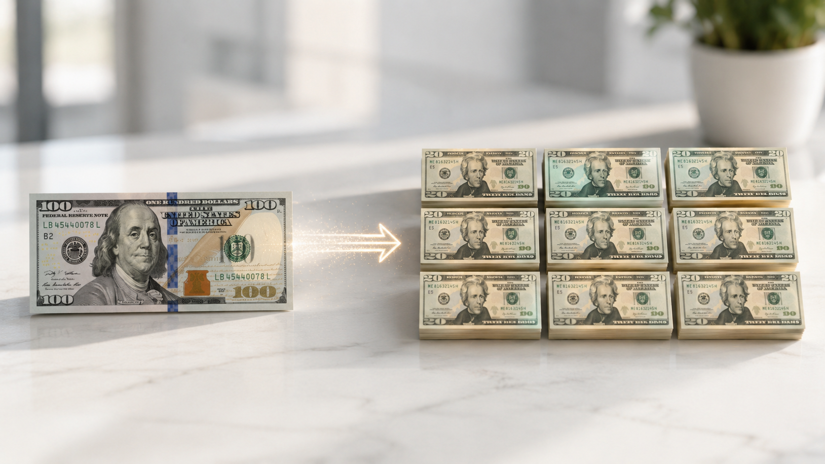 $100 bill on the left with a bright arrow pointing to stacks of $20 bills on the right, illustrating cash conversion/multiplication.