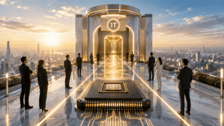 AI Dorong Chipmaker Kuasai Klub $1 Triliun Futuristic rooftop walkway with glowing arches and a central neon circuit platform, surrounded by businesspeople overlooking a sunset cityscape.