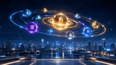 Volume Altcoin Melejit, Reli Baru Dimulai? Glowing Bitcoin surrounded by orbiting crypto coins over a nighttime city skyline with neon rings and blue glow.