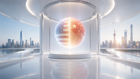 Trump Bawa CEO Raksasa AS ke China, Ada Apa? Glowing globe split between the US and China flags in a futuristic white chamber with a city skyline behind.