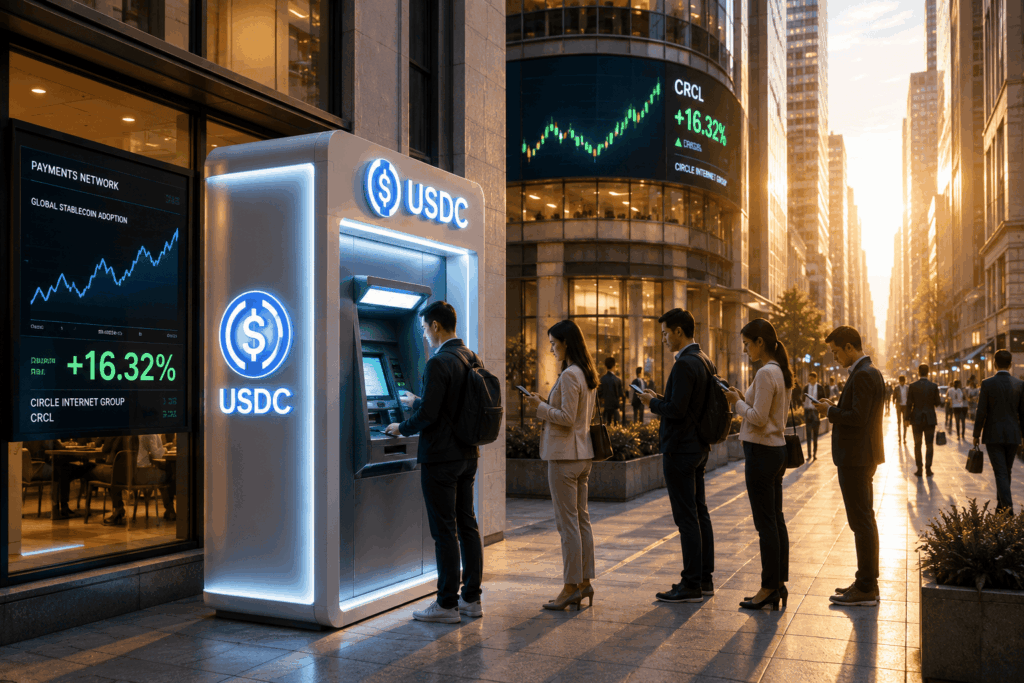 Stablecoin Ramai Lagi, Saham Circle Reli People line up at a USDC cryptocurrency ATM on a city street, with stock tickers and a glowing USDC sign nearby.