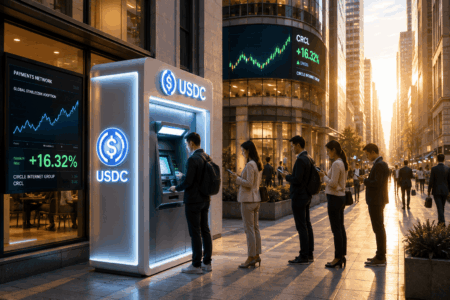 Stablecoin Ramai Lagi, Saham Circle Reli People line up at a USDC cryptocurrency ATM on a city street, with stock tickers and a glowing USDC sign nearby.