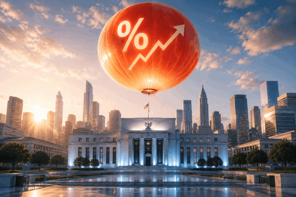 Inflasi AS Naik Lagi, The Fed Mulai Waspada Giant orange balloon with a white percent sign and upward arrow hovering over a neoclassical government building against a city skyline at sunset/sunrise, conveying rising rates or growth.
